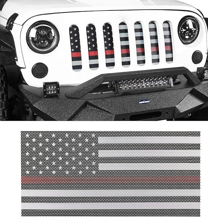 Hooke Road Wrangler Flag Grill Insert JK Mesh Grille Deflector Guard Compatible with Jeep JK Wrangler 2007-2018 - Thin Red
