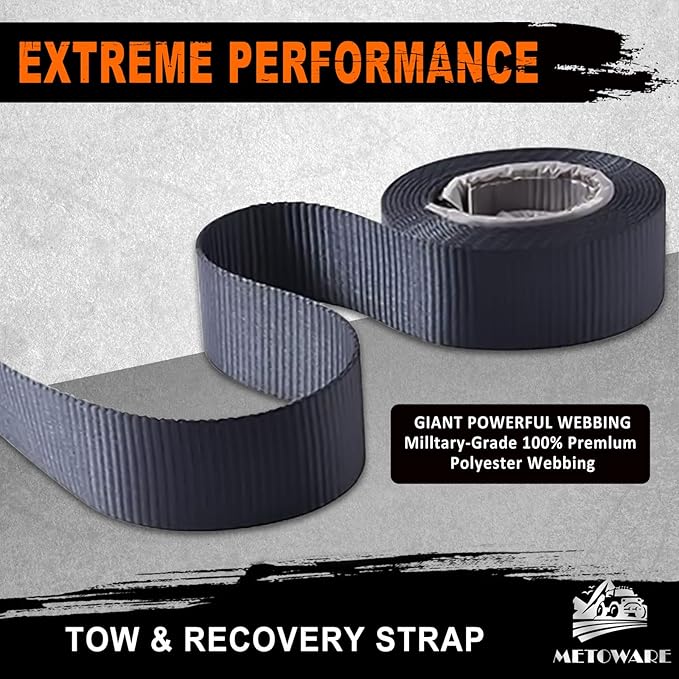 METOWARE Tow Strap 3'' × 30ft Recovery Strap, Heavy Duty Tow Straps with 35,000 lb Capacity, Recover Vehicle Stuck in Mud/Snow, Triple Reinforced Webbing, Extreme Water-Resistant (Gray)