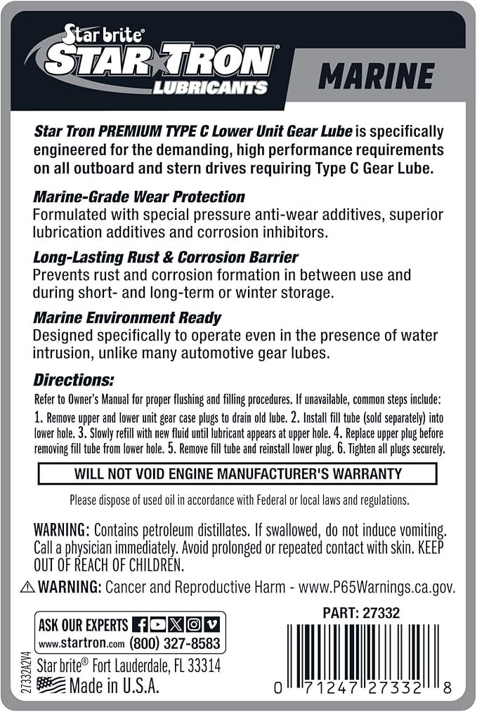STAR BRITE Star Tron Premium Type C Lower Unit Gear Lube - High Performance Lubricant for Johnson, Evinrude, OMC Outboards & Sterndrives - 32 OZ (027332)