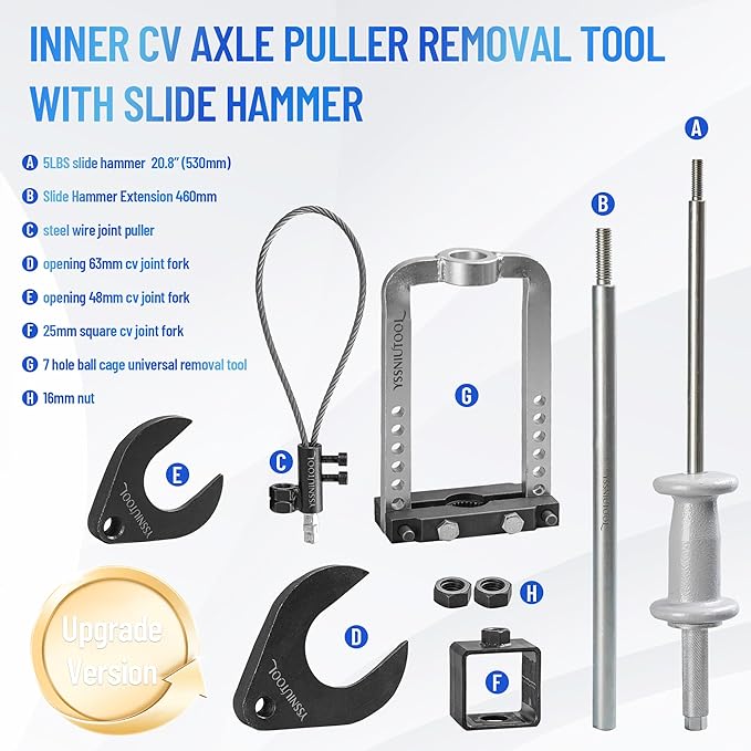 CV Axle Puller Tool, master CV joint puller set 63mm 48mm CV Joint Fork, CV Axle Removal Tool,Outer CV Joint Adapter Steel Cable Adapter,7 hole ball cage universal removal tool,Slide Hammer Extension