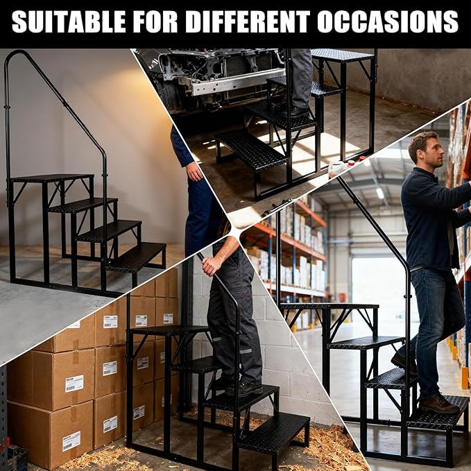 RV Steps with Handrail, 4 Step RV Stairs 660 lbs Load Capacity, Step Ladder with Anti-Slip Panel, Mobile Home Stairs for Travel Trailers