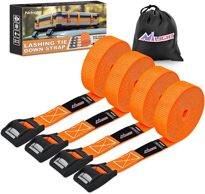 Nilight 1in x 12ft Heavy Duty Lashing Straps 4PCS Adjustable Cam Buckle Tie-Down Straps 1320LBS for Motorcycle Boat RV Cargo Trucks Trailer Luggage Orange&Black