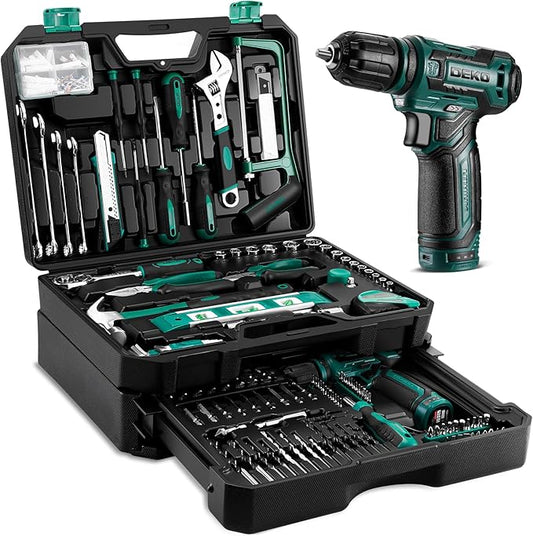 Tool Set: Tool Kit with 12V Cordless Drill, Hand Toolbox with storage case, Mechanic Tool set for Home Repairs, Green