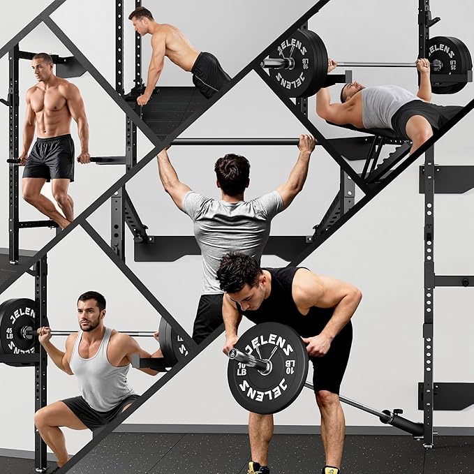 Folding Squat Rack, Wall Mounted Power Rack for Home Gym, Space Saving Multi-Functional Power Cage with Attachments