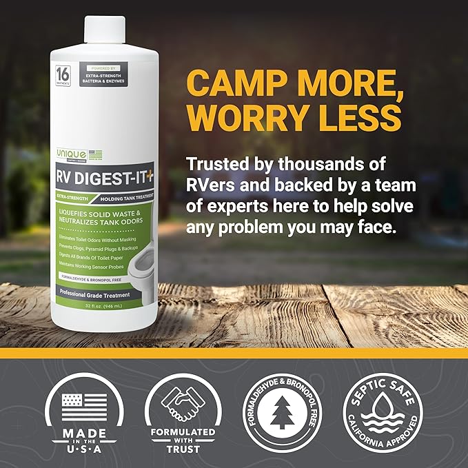 Unique RV Digest-It+, Extra-Strength RV Toilet Treatment - Liquifies Waste and All Brands of Toilet Paper - Odor Eliminator (32 oz)
