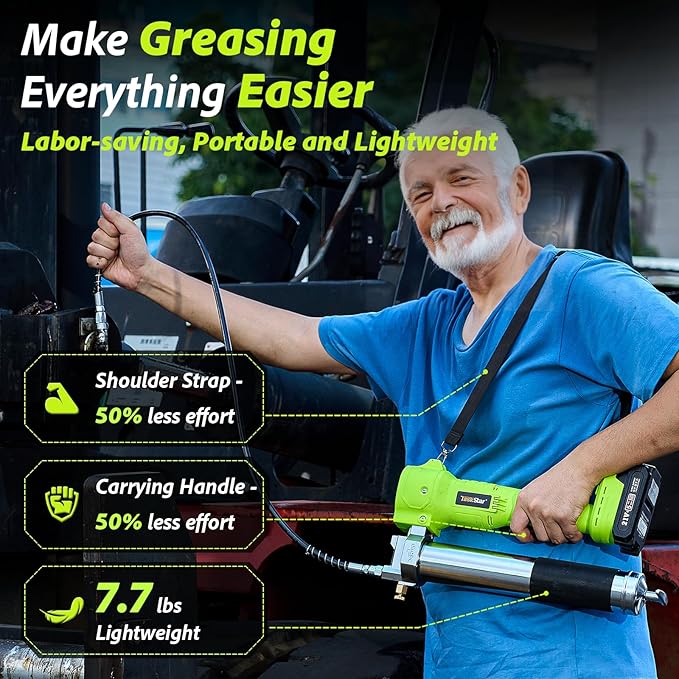 Grease Gun Battery Powered: Built for Farmers, Mechanics & Truckers, Electric Grease Gun Kit with 2 Batteries and Charger, 39.4" Hose & LED Light for Tractors, Trailers, and Heavy Equipment