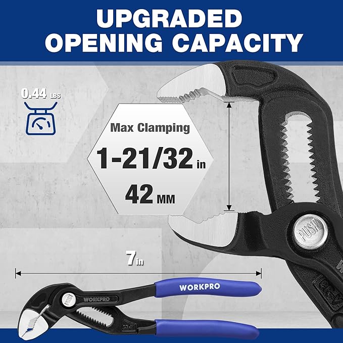 WORKPRO Groove Joint Pliers, 7" Water Pump Pliers, Upgraded 42mm Wide Opening, V-Jaw Tongue and Groove Plier for Home and Industrial Repair, CR-V, Dual Serrated, Quick Adjustable