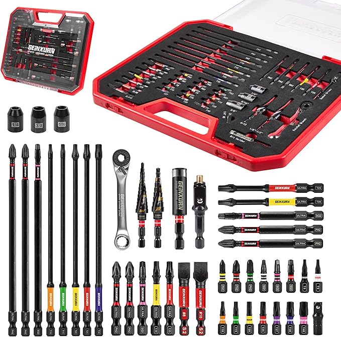 44Pcs Tools Set Packaged Impact Screwdriver Bits,Ratchet Wrench, Socket Driver, Sockets, Step Drill, 1/4”Socket Adapter and Impact Bit Holder with Tool Box Storage for Home Repairs, DIY