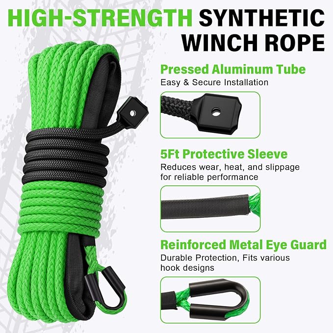 Synthetic Winch Rope Kit - 1/4" x 50' 10000 lbs Kinetic Recovery Cable for ATV UTV Off-Road Vehicles with Forged Hook, Rubber Stopper, Protective Sleeve and Safety Pull Strap - Green