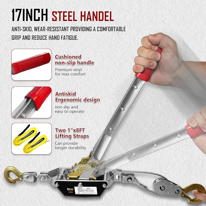 Come Along Winch 2T, Pulling Capacity 12 FT Steel Cable 2 Hooks, with Two 1"x8FT Lifting Straps, Heavy Duty Come Along Tool with Dual Gears, Heavy Duty Hoist Cable Puller for Vehicle Rescue