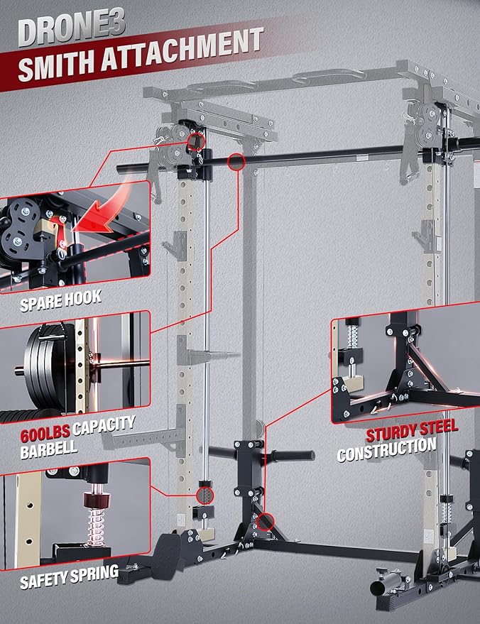 Major Fitness Drone3 Smith Machine – All-in-One Home Gym Squat Rack with Weight Bar, Cable Crossover Machine – Heavy-Duty Fitness Equipment for Strength Training and Full-Body Workouts
