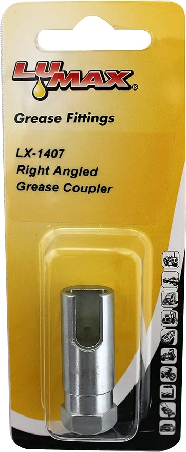 LUMAX LX-1407 Black Right-Angled Grease Coupler. Designed for 90° Access onto Grease Fittings. Slips/Slides onto Grease Fitting from Side. Hardened Precision-Fit Jaws for Long Service Life.