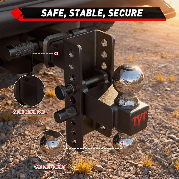 TYT Adjustable Truck Trailer Hitch for 2.5 inch Receiver, 6" Drop/Rise Tow Hitch with Dual Balls (2" & 2-5/16"), 22,000 lbs GTW, 2,200 lbs TW, Includes Two Pin Locks & Hitch Tightener