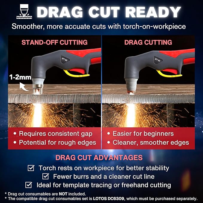 LTP6300DCNC | 63A CNC-Enabled Plasma Cutter, Drag-Cut Enables, Non-HF Blowback Pilot Arc, 3/4" Clean (1" Sever), THC/ARC OK, Dual-Voltage 110/220V, Portable Air Plasma Cutter (63A Non-HF)