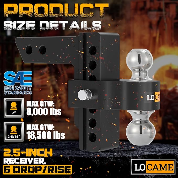 LOCAME Adjustable Trailer Hitch, Fits 2.5-Inch Receiver Only, 6-Inch Drop/Rise Aluminum Drop Hitch,18,500 LBS GTW-Tow Hitch for Heavy Duty Truck with Double Stainless Steel Locks, Black, LC0025