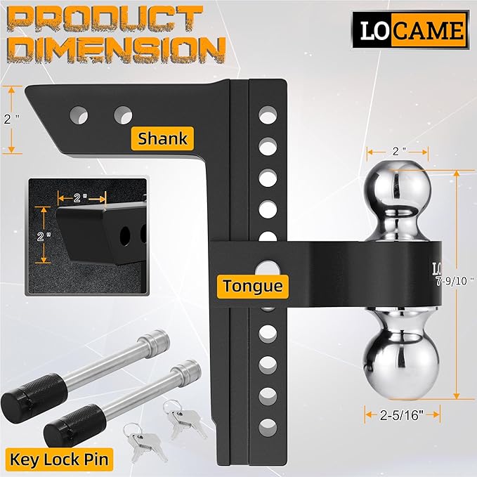 LOCAME Adjustable Trailer Hitch, Fits 2-Inch Receiver Only, 10-Inch Drop/Rise Aluminum Drop Hitch,12,500 LBS GTW-Tow Hitch for Heavy Duty Truck with Double Stainless Steel Locks, Black, LC0023