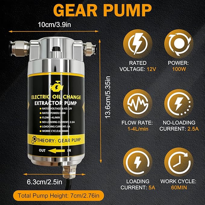 MILADO 12V 100W Electric Oil Change Extractor Pump,1-4L/min Portable Fluid Extractor Transfer Pump for Engine Oil, Diesel, Transmission Fluid, Gear Oil, for Boat, Car, Truck, Motorcycle, Lawnmower
