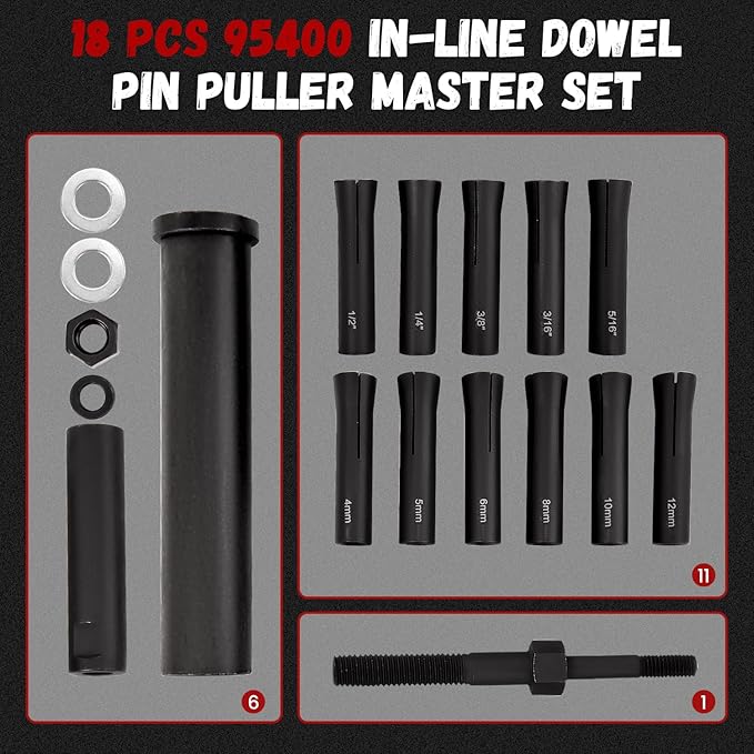 95400 in-Line Dowel Pin Puller Master Set Includes Both SAE and Metric Collets, Efficient Dowel Pin Removal Tool Reducing Work and Potential Hand Injuries