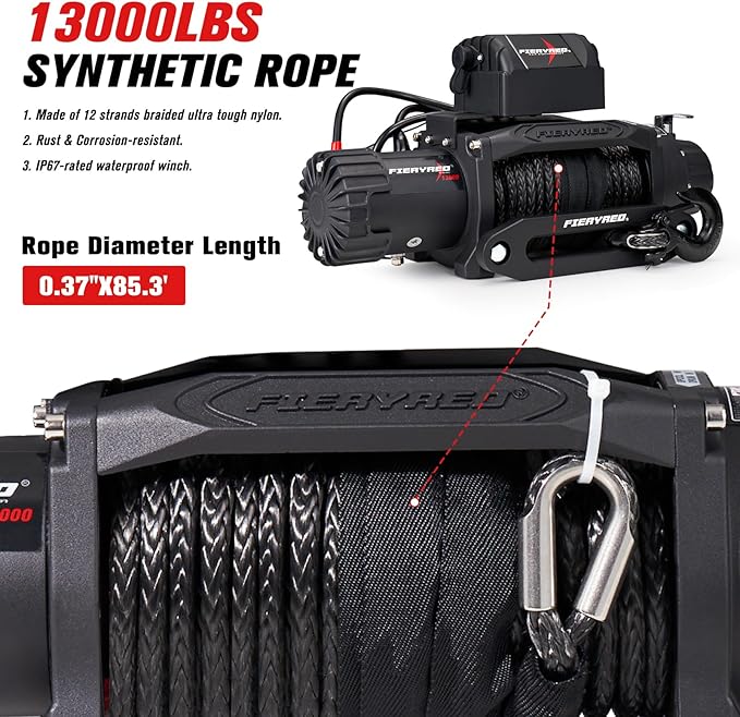 FieryRed 13000 lb Winch, 12V IP67 Waterproof Electric Trailer Winch with Synthetic Rope, 2in1 Wireless Remote Control, Hawse Fairlead for Off Road Vehicle Towing Jeep Truck