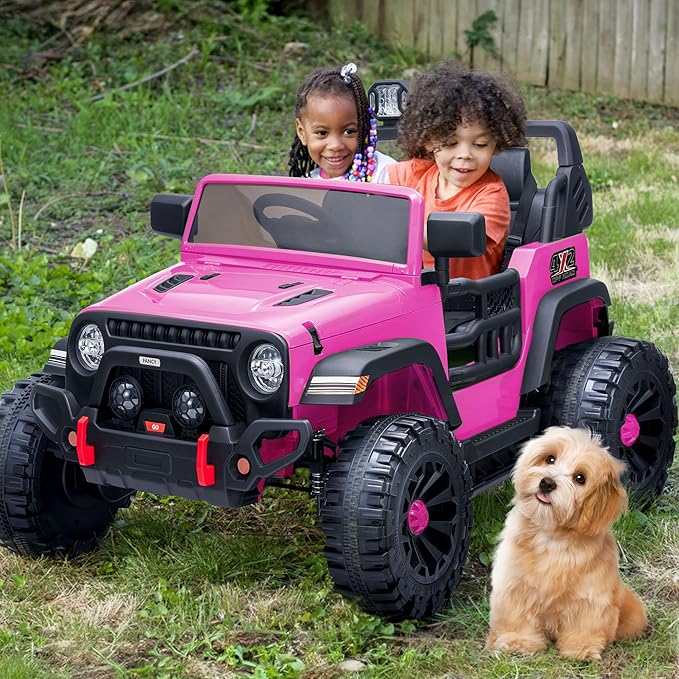12V Electric Car Ride on Toy for Kids, 2 Seater Ride on Car for Kids Age 4-8 with Remote Control, Capacity 150lbs - Hot Pink