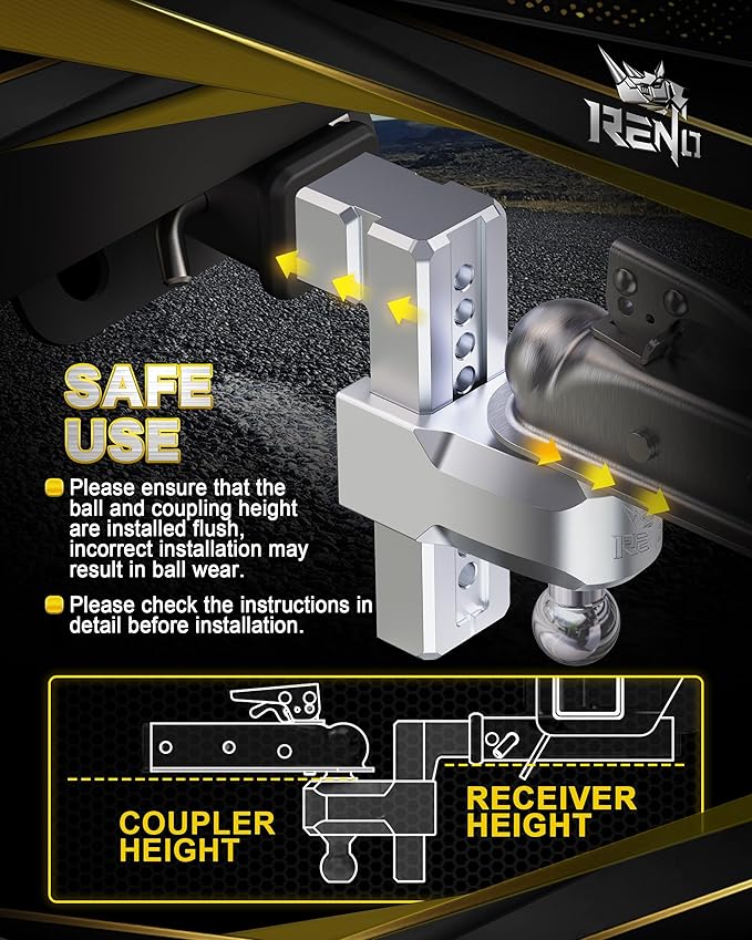 RENO Adjustable Trailer Hitch, Fits 2.5 inch Receiver Hitch 8" Rise/Drop Tow Hitch, Heavy Duty 2" & 2-5/16" Ball Hitches with 18,500 LBS GTW (1 Pack, Aluminum)