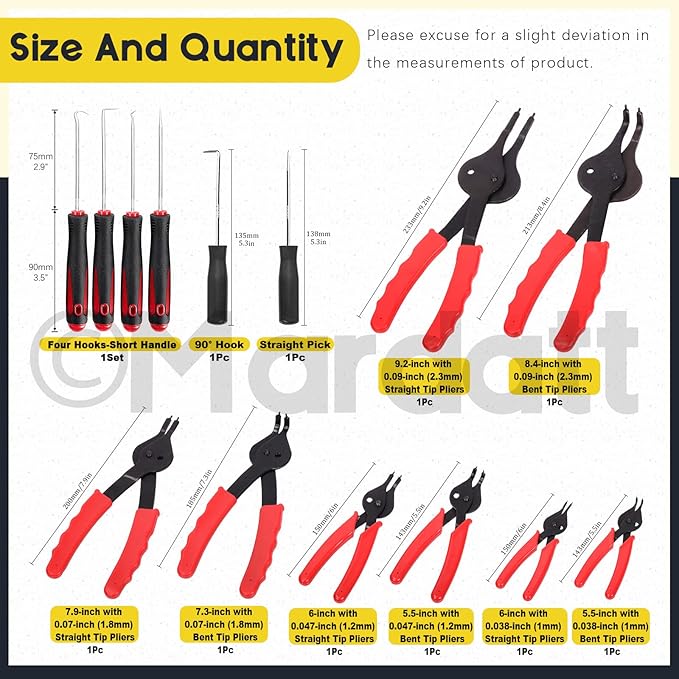 225Pcs Snap Ring Pliers Set Includes Straight & Bent Retaining Ring Pliers, 5 Sizes C-Clips External Internal Retaining Ring Set, Rubber Gaskets and Precision Hook Set for Lawnmowers