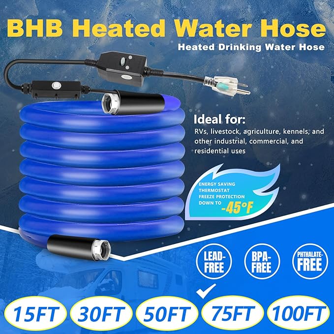 BHB Upgraded 75 FT Heated Water Hose 5/8" ID Compatible with RV -45 ℉ Antifreeze Energy Saving Thermostat RV Accessories, with 4 Types of Adapters