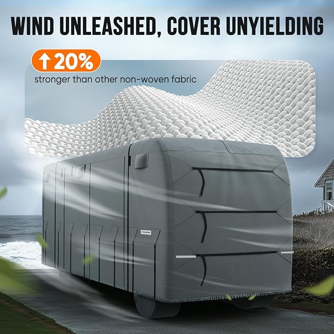 KING BIRD RV Cover, Heavy Duty 5-Layer Snow Protection, Fits 30-33ft Class A Motorhome, with Adhesive Repair Patches,Windproof Straps&Tire Covers