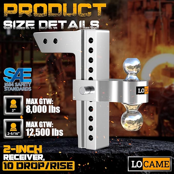 LOCAME Adjustable Trailer Hitch, Fits 2-Inch Receiver Only, 10-Inch Drop/Rise Aluminum Drop Hitch, 12,500 LBS GTW-Tow Hitch for Heavy Duty Truck with Double Stainless Steel Locks, Silver, LC0005