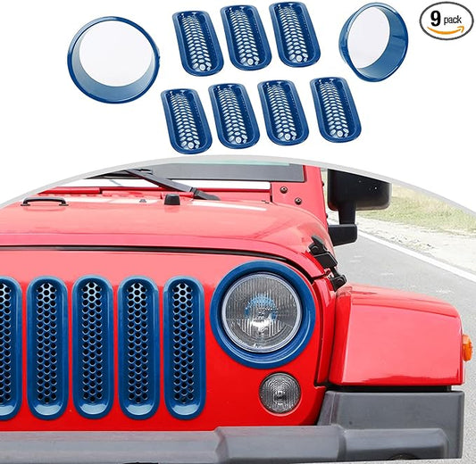 CheroCar for JK Mesh Grille Grill Insert & Headlight Cover Trim Exterior Accessories for Jeep Wrangler JK 2007-2017,Blue…