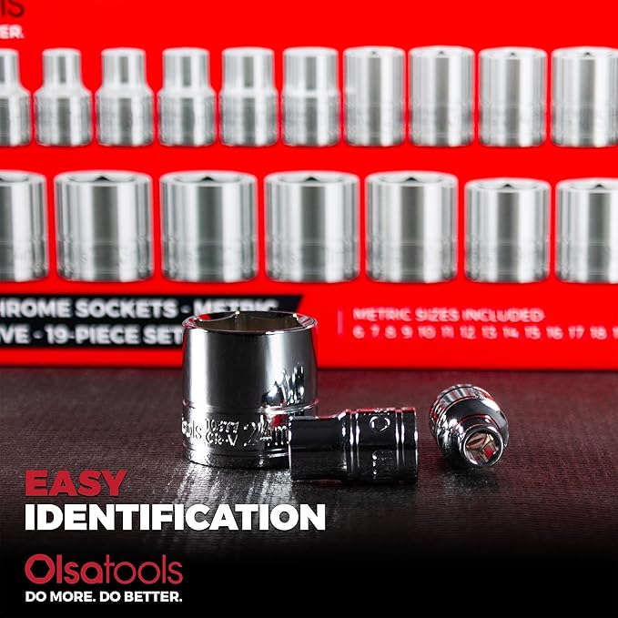 Olsa Tools Metric Shallow Socket Set - 3/8-Inch Drive, 19pc - 6-Point Chrome Sockets from 6mm–24mm and No Skipped Sizes - Mechanic Shallow Metric Socket Set - Professional Grade Sockets - Part: 1328