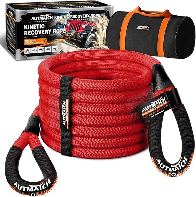 AUTMATCH Kinetic Recovery Tow Rope 1" x 20FT - Heavy Duty Offroad Snatch Strap 48000Lbs, 35% Elasticity Energy Recovery Tow Rope for 4x4 Off-Road Vehicle, Truck, Trailer, ATV, UTV, Red
