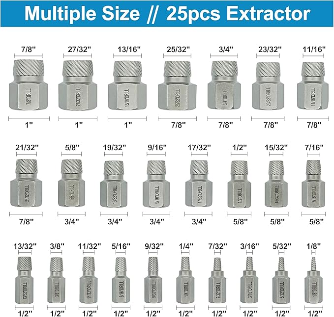 25-Piece Screw Puller Kit, Multi-Spline Hex Head, 3/8 Inch Drive Easy Removal Bolt Puller Kit for Removing Stripped, Rounded, Damaged, Broken, Screws and Bolts Removal Kit