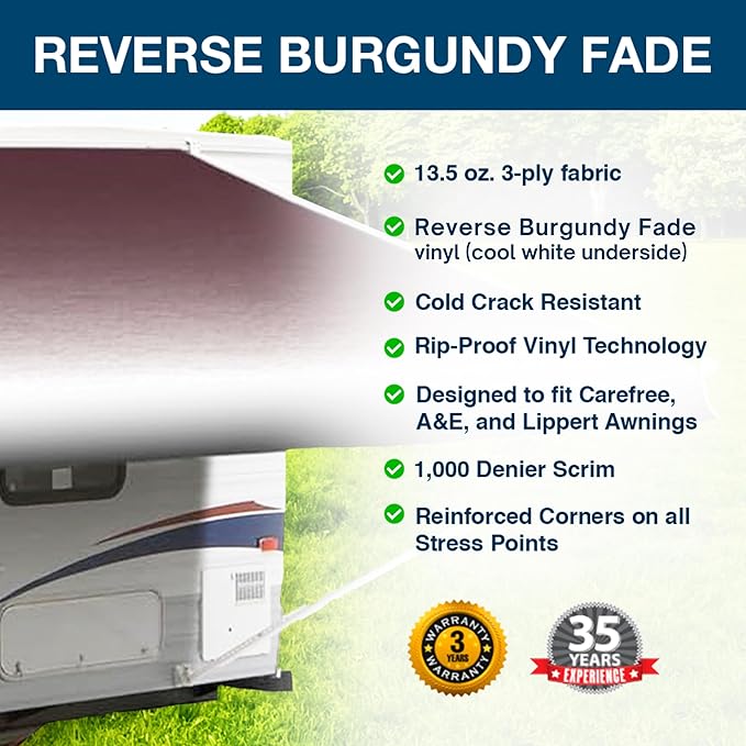 Shade Pro RV Awning Fabric Replacement | Durable Premium Grade Vinyl (15' [Fabric 14' 2"], Reverse Burgundy Fade) Camper Shade Awning Canopy