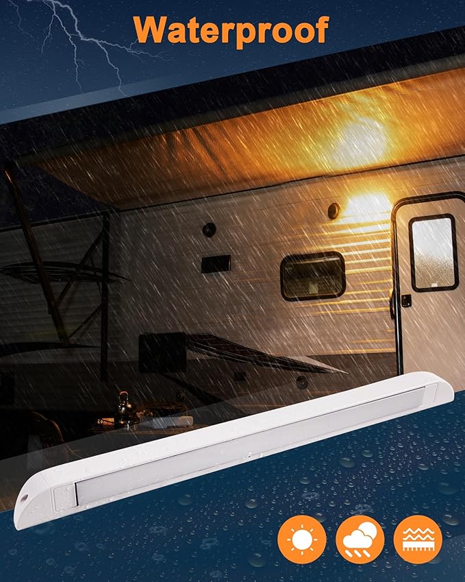 Raycharm 20" RV & Marine Boat LED Awning Porch Utility Light Fixture, 40° Down Angle, Amber/White Beam, 12V/24V DC, Waterproof IP67, Plastic Housing White Finish, 2-Pack