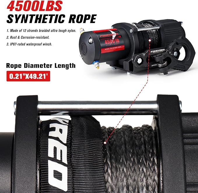 FIERYRED ATV/UTV Winch 12V 4500 lb Electric Winch with Synthetic Rope, with Wireless Remote Control Hawse Aluminium Fairlead & Mounting Bracket, Waterproof IP67