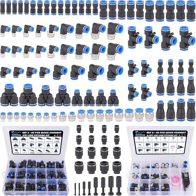 123 Pcs Quick Connect Air Line Fittings Kit Pneumatic Push Lock Air Fittings 1/8",1/4",3/8",1/2" Push to Connect & NPT Thread Air Hose Fittings Quick Release Airline Fitting Kit