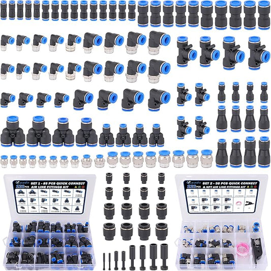 123 Pcs Quick Connect Air Line Fittings Kit Pneumatic Push Lock Air Fittings 1/8",1/4",3/8",1/2" Push to Connect & NPT Thread Air Hose Fittings Quick Release Airline Fitting Kit