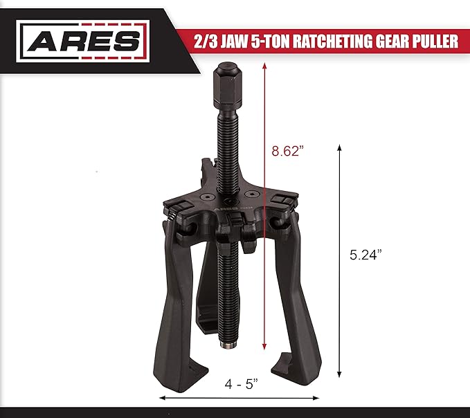 ARES 70434 - Reversible 2/3 Jaw 5-Ton Ratcheting Gear Puller - Chrome Moly Steel Construction - 4-Inch to 5-Inch Adjustable Range - Removes Gears, Pulleys, and Flywheels