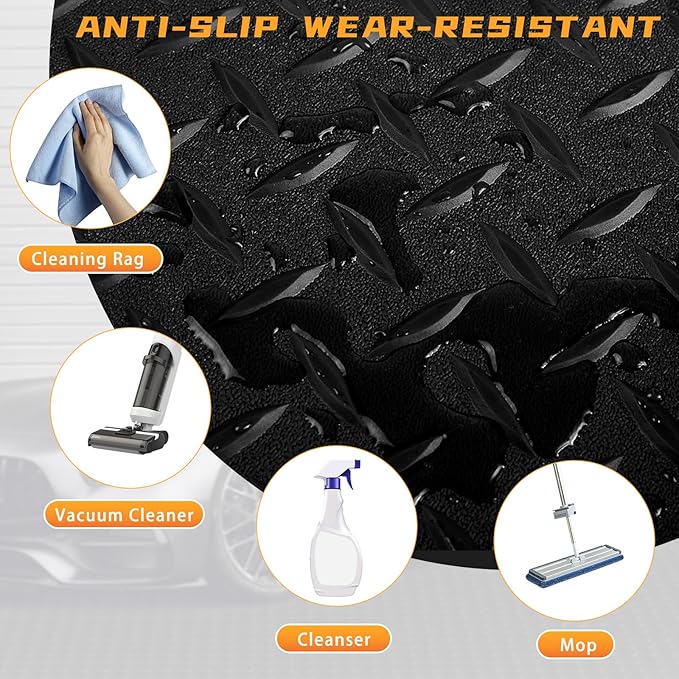 Boshen 7.5x17FT Garage Floor Mat, 2.5mm Thickened Diamond Plate PVC Rubber & Vinyl Flooring Roll, 127.5 SQFT Non-Slip Rubber Garage Mat for Floor Under Car Protection - Black