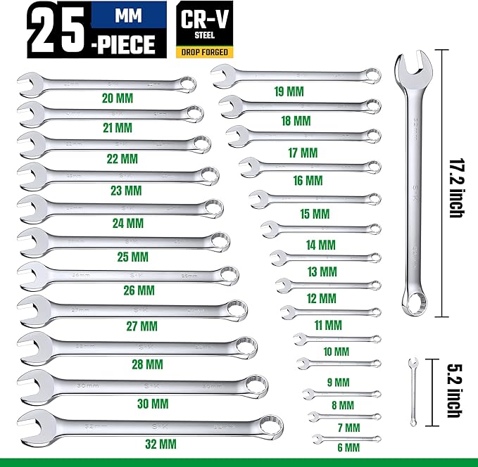 SK Combination Wrench Set, SAE 1/4" to 1-1/4", Metric 6 to 32mm, 42-Piece, SuperKrome Finish, Premium CR-V Construction, with Rolling Pouch