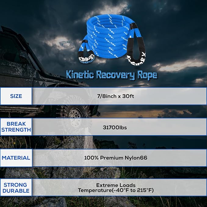 Kinetic Recovery Rope (Reflective) | 7/8in x 30ft 31,700Lbs Heavy Duty, 35% Elasticity Tow Rope - Offroad Snatch Strap for 4x4 Truck SUV UTV ATV Jeep