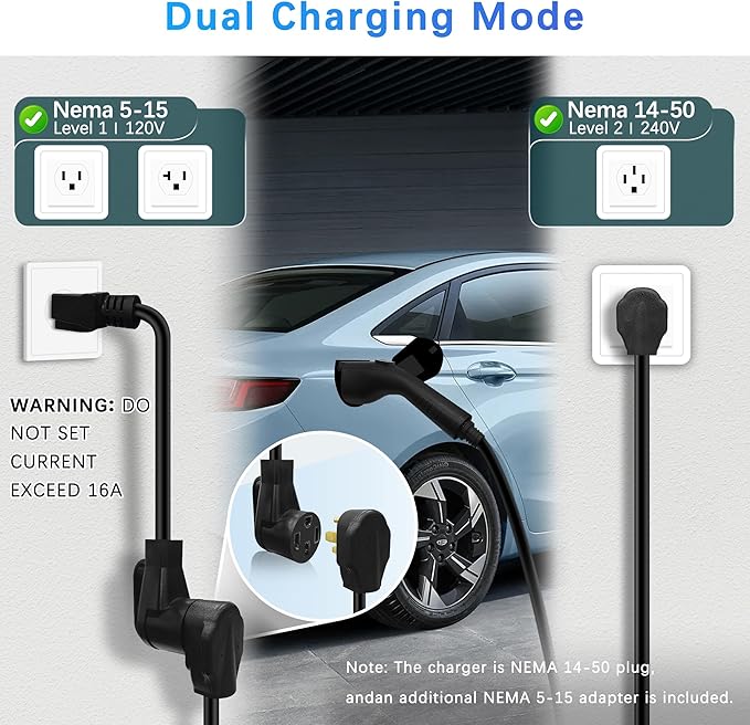 Portable Level 1&2 EV Charger, 40 A, Portable Charger for Home and J1772, 25ft Cable, Charging Stations with LED Display, NEMA14-50 Plugand NEMA 5-15 Adapter, Current Adjustable. (Tesla Need Adapter)