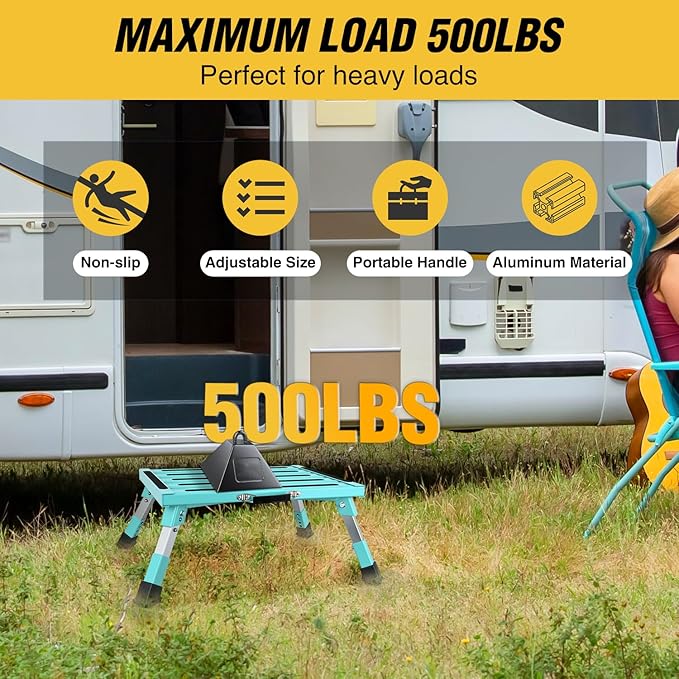 Nilight RV Step Stool Aluminum Folding Platform Steps 19x14.5 RV Steps 4 Levels Adjustable Heavy Duty Step Stool with Anti-Slip Surface Rubber Feet Portable Handle 500lb for Camper Trailer,Mint Green