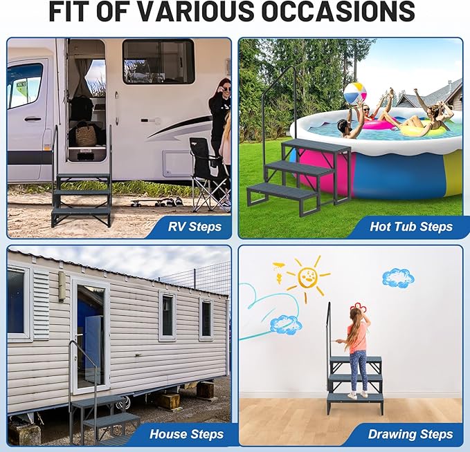RV Steps Spa Steps with Handrail - 3 Step Hot Tub Steps Trailer Steps Mobile Home Stairs for 5th Wheel RV, Trailer, Hot Tub, Pool, Porch with Non-Slip Mats