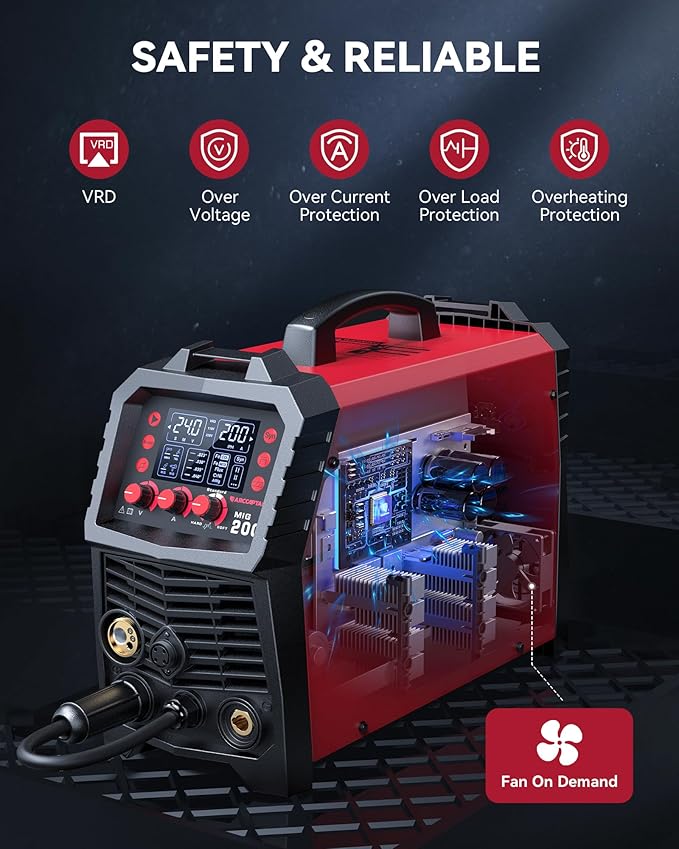 ARCCAPTAIN MIG Welder, 200Amp 6 in 1 Gas MIG/Gasless Flux Core MIG/Stick/Lift TIG/Spot welding/Spool Gun 110V/220V Aluminum Multi Process Welding Machine with LED Digital Display, Burn Back Adjustment