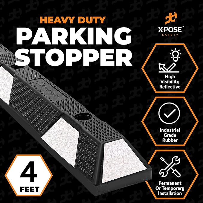 Xpose Safety 48" Heavy Duty Rubber Parking Stopper – 6 Pack Wheel Blocks for Garage, Driveway, or Ramp – Car Bumper Stop with White Reflective Strips – Removable Floor Mount