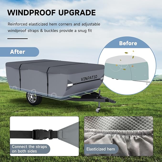 VINPATIO Pop Up Camper Cover, Folding Camper Tent Trailer Cover Fits 14'-16' Trailers, Waterproof & Anti-UV Pop-up Camper Cover with Windproof Straps