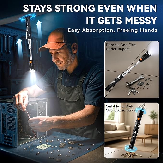 VIBELITE Extendable Magnetic Flashlight with Telescoping Magnet Pickup Tool-Cool Gadget Christmas Gifts Stocking Stuffers for Men, Teen Boys, Husband, Dad, Father, Mechanic, Him, Women, Black