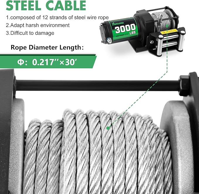STIMULATER 3000lb ATV Winch,Electric Winch 12V,Steel Cable Winch, with Wireless Remote and Manual Switch, with Hawse Fairlead & Hook,IP67 Waterproof,Suitable for Most Trailers and ATV winchs